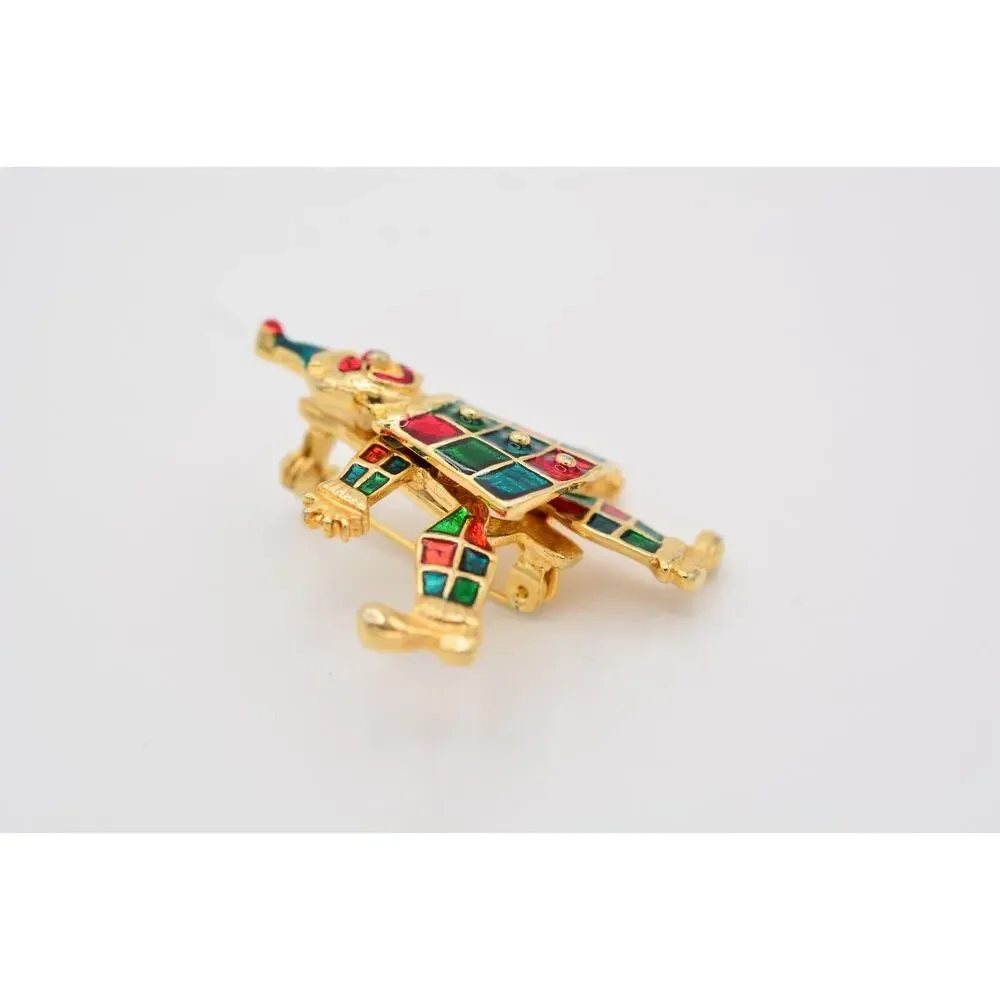 Vintage Clown Pin Brooch Red Green Enamel Dangle Arms Legs Gold Tone 1990s BinAT